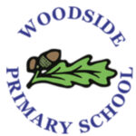 Woodside primary school logo, two acorns an an oak leaf