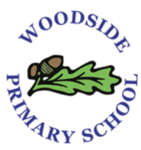 Woodside primary school logo, two acorns an an oak leaf