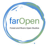 Far open logo, a green and blue rough painted circle on a white background with the words far open in blue and green and the words Forest and rivers open studios below