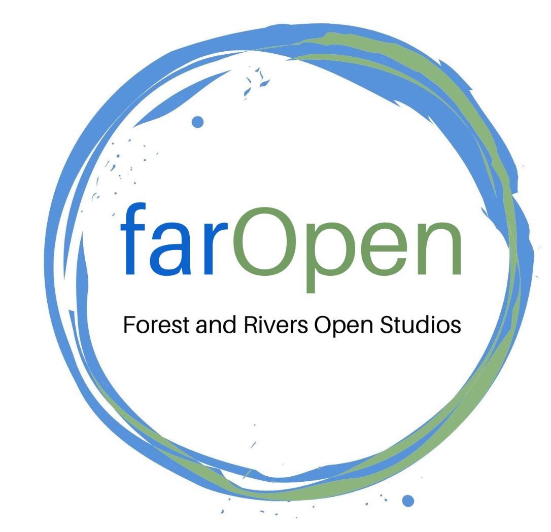 Far open logo, a green and blue rough painted circle on a white background with the words far open in blue and green and the words Forest and rivers open studios below