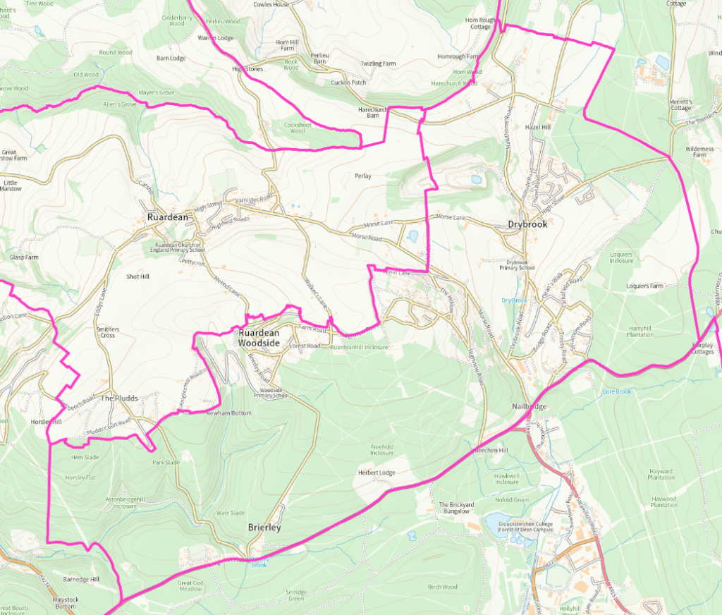 A map showing the boundary of Drybrook Parish Council